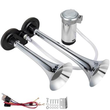 Imagem de AOLIHAN Kit de buzina de trem para caminhões, super alto 12 V 150 db, kit de buzina de ar para carro, trompete duplo de zinco cromado com compressor para qualquer veículo de 12 V (buzina de tubo duplo prateado com arame, 12 V)