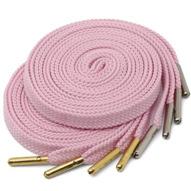 Imagem de YJRVFINE Cadarços planos sólidos: cadarços grossos com pontas de metal para tênis, 2 pares, 16 rosa claro: 1 par de ouro e 1 par de pontas prateadas, 47 inches(120CM)