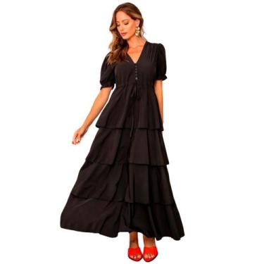 Imagem de Vestido feminino longo manga curta liso com babados na saia romantica 