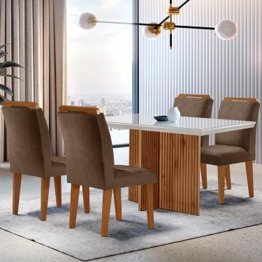 Imagem de Sala De Jantar Mesa Olimpia 120cm Mdf Vidro Canto Reto Com 4 Cadeiras Marrom, Off White E Imbuia