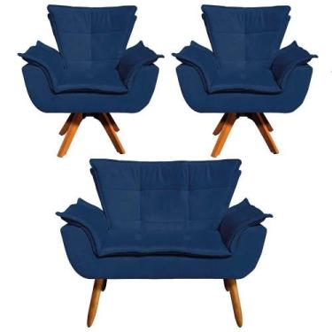Imagem de Kit 01 Namoradeira E 02 Poltronas Opala Suede Azul Marinho - D' ROSSI