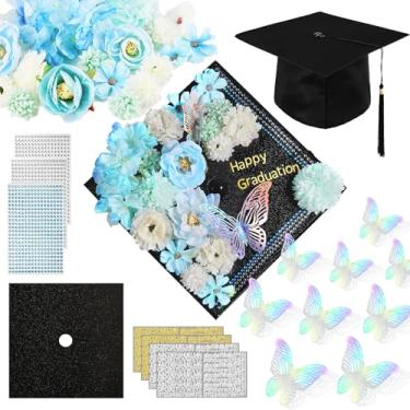 Imagem de Kit de acessórios de decoração de boné de formatura DIY com tampa graduada, adesivos de borboleta 3D, flores falsas, adesivos alfanuméricos, adesivos de strass, papel cartolina com glitter para