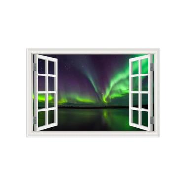 Imagem de Imagem de parede de paisagem com vista de janela - verde aurora céu estrelado lago - pintura da natureza em tela - impressões em tela modernas para sala de estar banheiro 70 x 105 cm 27 x 41 pol sem