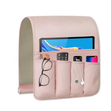 Imagem de WETRBWEH Suporte de controle remoto para poltrona, organizador de sofá para TV, suporte remoto para armazenamento de cama, 5 bolsos, organizador de mesa de cabeceira (rosa, 89 x 31,5 cm)