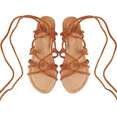 Imagem de Heltid Sandálias Femininas Gladiadoras Rasteiras Com Cadarço E Bico Aberto, Tiras Para Mulheres, Marrom, Tamanho 8 M Eua