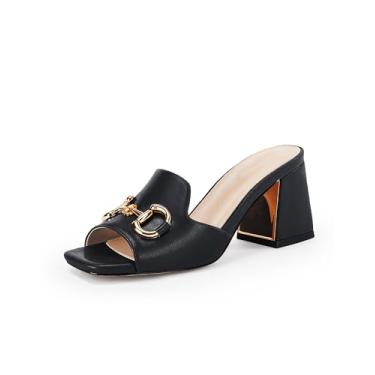 Imagem de gihubafuil Sandálias Femininas Peep Toe, Salto Grosso, Mules, Tira Única, Calçados Confortáveis Sem Cadarço Com Corrente De Metal Para Primavera E Verão