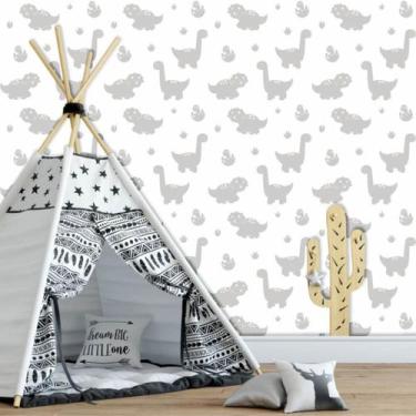 Imagem de Papel de Parede Baby Dinossauros Cinza e Branco 250 - Inove Papéis de 