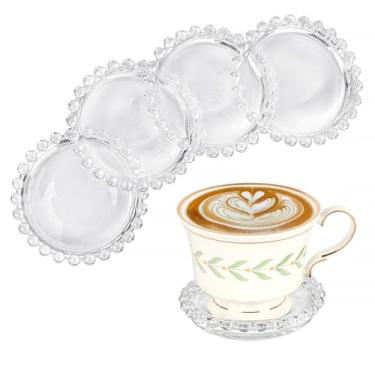 Imagem de OGANAZI Conjunto de porta-copos transparente moderno - 5 peças de porta-copos de vidro para bebidas, porta-copos de cristal redondo com borda de contas, decoração de mesa de centro para escritório