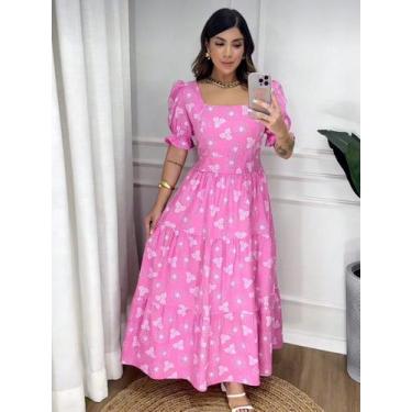 Imagem de Vestido longo tricoline estampado algodao manga curto - NoBrand, Rosa,