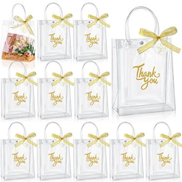Imagem de Pacote com 24 sacolas de presente de plástico de PVC transparente com alça de agradecimento sacolas de presente transparente sacola de presente de casamento fita para chá de bebê festa favor de aniversário 8 x 4 x 10 polegadas (estilo simples) (estilo fofo)