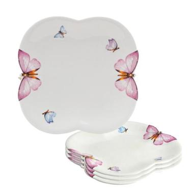 Imagem de Jogo 4 Prato de Sobremesa Borboletas 19cm Porcelana Branco Wolff