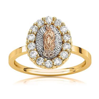 Imagem de Savlano Anel religioso feminino banhado a ouro 18 K, branco, amarelo e rosa, dama de Guadalupe, Virgem Maria com corte redondo, zircônia cúbica, Metal, Zircônia cúbica