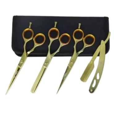 Imagem de Kit 3 Tesouras Fio Navalha Desfiadeira Profissionais Para Cabeleireiro/Barbeiro (DOURADO)