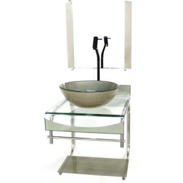 Imagem de Gabinete de vidro 40cm para banheiro curvado duplo inox cuba redonda c