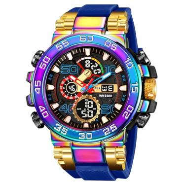 Imagem de Relógio masculino digital à prova d'água, mostrador grande, analógico, quartzo, tático, militar, alarme, relógio masculino, relógio esportivo multifuncional, Arco-íris, Casual
