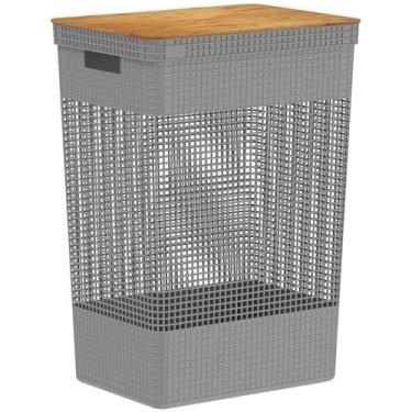 Imagem de Cesto de Roupas Grid c/Tampa de Bambu 49L Cinza OU
