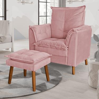 Imagem de Poltrona Amamentação Descanso Pés Palito Com Puff Ariel Veludo Rosa