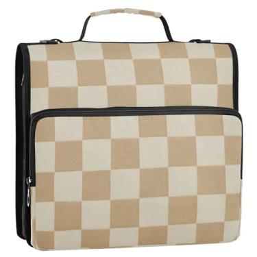 Imagem de Zhirexin Fichário quadriculado bege com 3 anéis, capacidade para 500 folhas, organizador de fichário com zíper com alça de ombro e alça