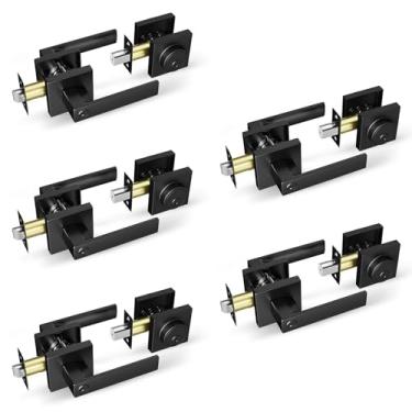 Imagem de Maçaneta quadrada da porta frontal e fechadura de fecho, fechaduras de porta semelhantes com chave para porta da frente (preto fosco, conjunto com 5)