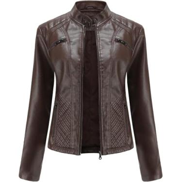 Imagem de Mulheres Preto Couro Falso Jaqueta De Motociclista Elegante Gola Zip Up Couro Pu Moto Casaco Casual Mangas Longas Clássico Slim Fit, dark brown, I(L)