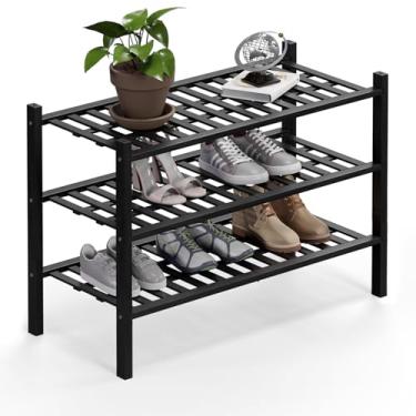Imagem de Haddockway Organizador de armazenamento de sapatos de bambu de 3 níveis, prateleira empilhável multifuncional com painel de grade para armário, corredor, entrada, espaço pequeno 68 x 28 x 50 cm