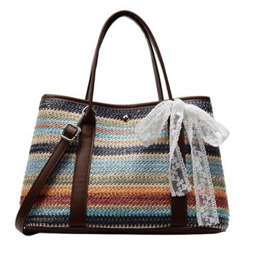 Imagem de Lryusca Bolsa feminina de palha de praia - Bolsa de ombro de palha de verão para férias, viagens, compras, trabalho e jantar, Colorido., Large