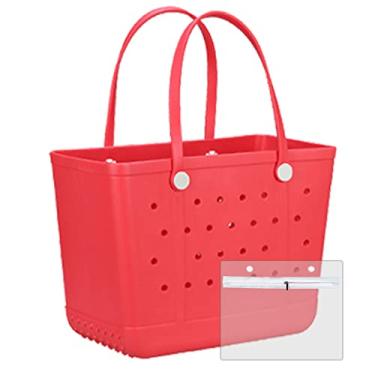 Imagem de CLLTIV Bolsa feminina – Bolsa de praia grande de borracha, média, impermeável, à prova de areia, para esportes ao ar livre na praia, Vermelho cereja, Large, Sacola