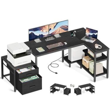 Imagem de Casaottima Mesa em forma de L com gavetas e armário de arquivos, mesa de computador com prateleiras de armazenamento e suporte de CPU, mesa de canto com tomadas, mesa em L reversível para jogos
