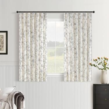 Imagem de Cortinas pretas de linho com pregas florais de 113 cm de comprimento para cozinha, vintage, estampada, peônia, filtragem de luz, boho, quinta, curta, semitransparente, 113 cm, cortina de café para