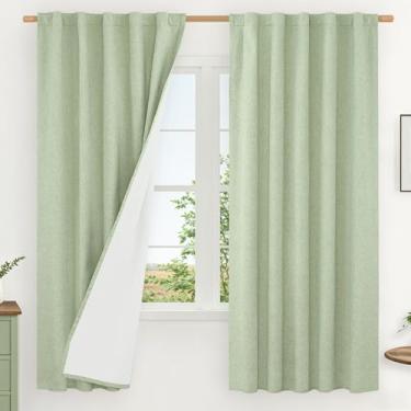 Imagem de LAMIT Cortinas de linho 100% blackout, cortinas térmicas texturizadas de linho de 163 cm, painéis neutros com forro branco para janelas curtas, 2 painéis, verde claro, 106 x 163 cm