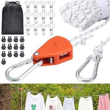Imagem de Varal de viagem retrátil, linha resistente ajustável de 4,8 m com sistema de polia refletiva, ganchos e clipes inoxidáveis – Portátil para acampamento, cruzeiro, hotel, varanda e lavanderia ao ar