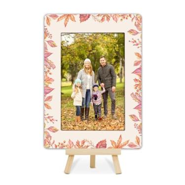 Imagem de OXRUN Porta-retrato Happy Fall, presente de Ação de Graças, moldura de lembrança de outono com cavalete, molduras de folhas 10 x 15 cm para exibição de mesa - N01