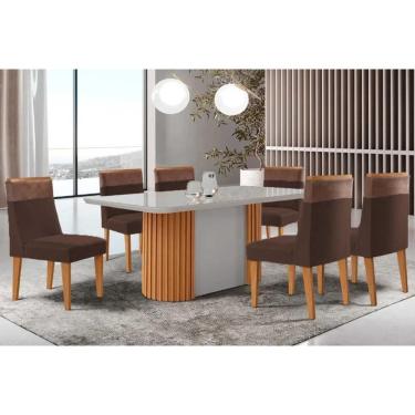 Imagem de Conjunto Sala de Jantar Pilar c/ Tampo Madeirado c/ Vidro Canto Curvo 180x90cm e 6 Cadeiras Jaspe Madeira Maciça Naturale/Off White - Capuccino/Suede 