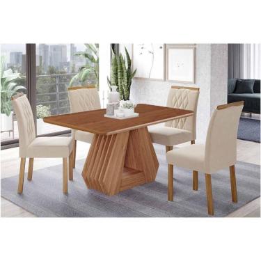 Imagem de Sala de Jantar Completa Ágata Tampo Madeirado 130x80cm e 4 Cadeiras Juliana Cinamomo/Off White - Carvalho/Suede Nude Bege - Cimol