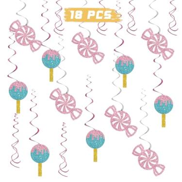 Imagem de Redemoinhos pendurados com tema de doces, suprimentos de redemoinhos de festa Candyland, artigos de decoração de teto de chá de bebê doce aniversário chá de bebê casamento folha 18 peças de glitter