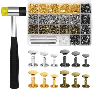 Imagem de TLKKUE Kit de 480 rebites de couro, 4 cores, rebites de tampa dupla, 3 tamanhos, rebites para couro, com kit de ferramentas de fixação de martelo de borracha, 4 peças para artesanato em couro, roupas,
