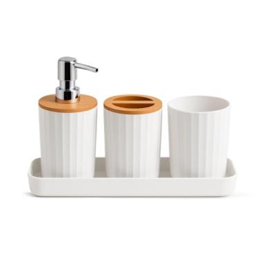 Imagem de Kit banheiro 4 pe�as dispenser bambu lavabo pia porta escova copo sabonete liquido 3 cores (Branco)