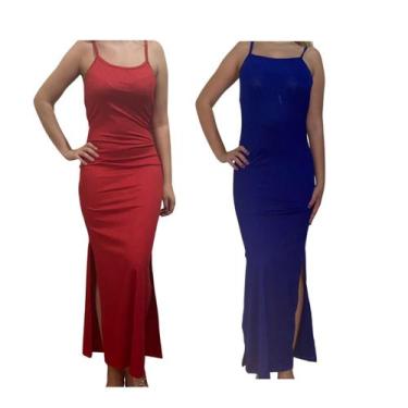 Imagem de Kit c/2 Vestidos Longo Canelado com Fenda - Empório J, Vermelho, Royal