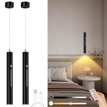 Imagem de Luminária pendente LED moderna, pacote com 2, preto, 3 temperaturas de cor, alimentado por bateria com temporizador