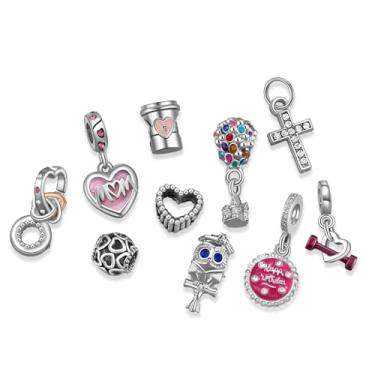 Imagem de Pacote com 10 pingentes de contas de prata compatíveis com pulseiras estilo Pandora, conjunto de joias com pingente de zircônias cúbicas - B