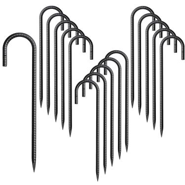 Imagem de Estacas de vergalhão de 30,5 cm, pacote com 16 pontas, gancho de metal resistente, estacas de cerca para trampolim, cerca, barraca de acampamento (16, J-12 x 5/16 preto)
