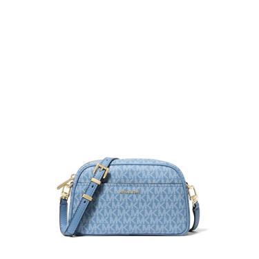 Imagem de Michael Kors Bolsa transversal pequena para câmera Jet Set, ferragens douradas/Sarja revestida com assinatura Tonal MK/Azul francês