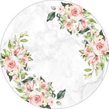 Imagem de Painel de Tecido Sublimado Redondo Flores Rosa e Mármore Branco c/ Elá
