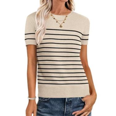 Imagem de Suéter feminino ANRABESS, manga curta, mistura de lã, S, bege, preto