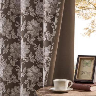 Imagem de Cortinas Farmhouse Brown 153 cm de comprimento, 2 painéis, 60% de bloqueio de luz, cortinas florais com estampa luxuosa para quarto, filtragem de luz francesa, tratamento de janela com isolamento