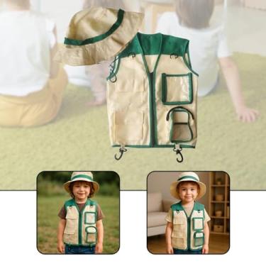 Imagem de YIJU Colete e chapéu infantil para exploradores, kit de aventura ao ar livre, fantasia infantil para pesca, paleontólogo, caminhada, presente de, Verde