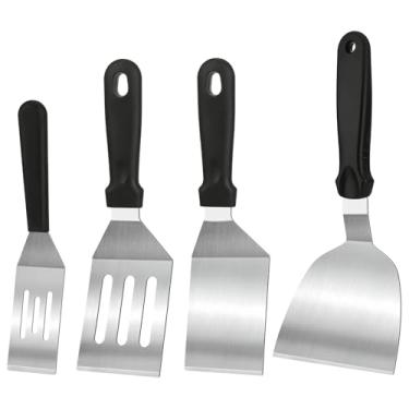Imagem de Pacote com 4 espátulas de aço inoxidável para frigideira de ferro fundido – Conjunto de espátulas e raspadores de metal resistente ao calor para grelha, panquecas, hambúrgueres e panelas regulares