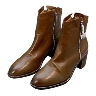 Imagem de Archicolor British Zipper Chelsea Chimney Botas de cano baixo, sola grossa, minimalista, couro legítimo, botas femininas outono inverno, Marrom, 34