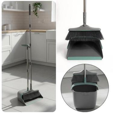 Imagem de Kit Vassoura e Pá Ajustável 2in1 Com Limpa Cerdas Suporte Parede Compa