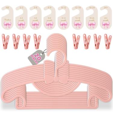 Imagem de Pacote com 20 cabides de roupas de bebê com 8 divisórias de armário de bebê e 8 clipes, cabides antiderrapantes para roupas infantis com divisórias para classificação, organizador de armário de